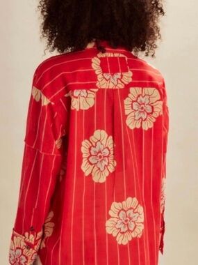 Free People Red Floral Stripe Button-Down Shirt